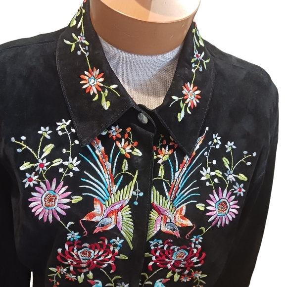 Vintage Size Large Avanti Womens Suede Jacket Leather Black Floral Embroidered - Picture 5 of 16
